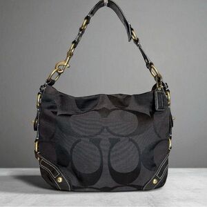 Coach Carly Purse Signature Jacquard Logo Slouchy Shoulder Bag Leather Fabric